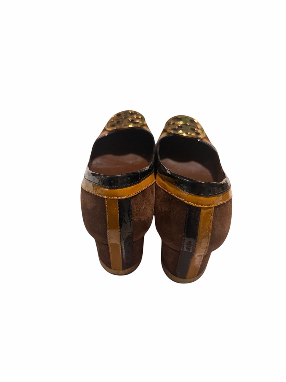 Tory Burch Brown Suede Heels with Yellow Trim & Gold Logo - Picture 3 of 5